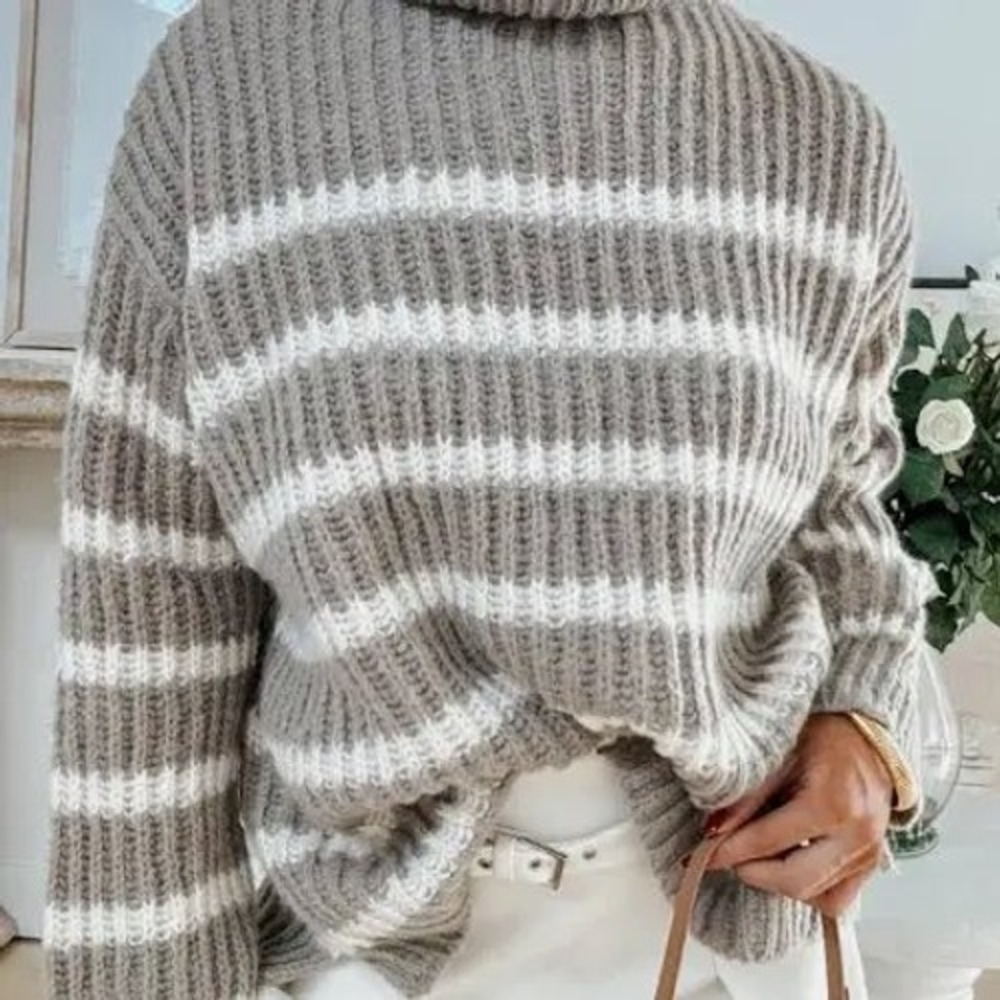 Sadie & Sage Womens M Striped Turtleneck Sweater Taupe Cream Ribbed Knit AG3420